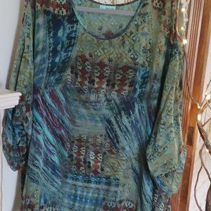 WOMENS TIANELLO WASHABLE SILK TOP BLOUSE TUNIC SIZE L BLUE/GREEN 3/4 SLEEVES